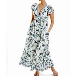 Max Studio Floral Babydoll Maxi Dress Empire Waist Flutter Sleeve Pockets S